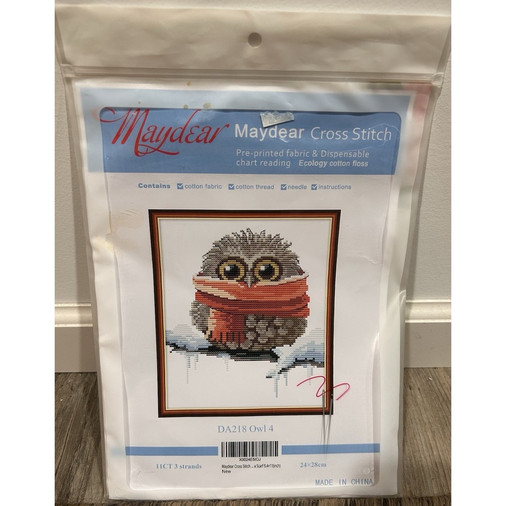 NOS MAYDEAR CROSS STITCH KIT OWL WINTER SCARF SNOW NEW SEALED